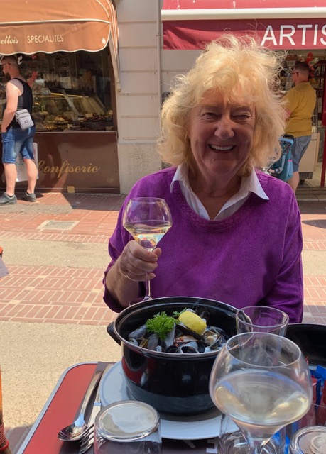 Wendy enjoying the Moules at Le Touquet