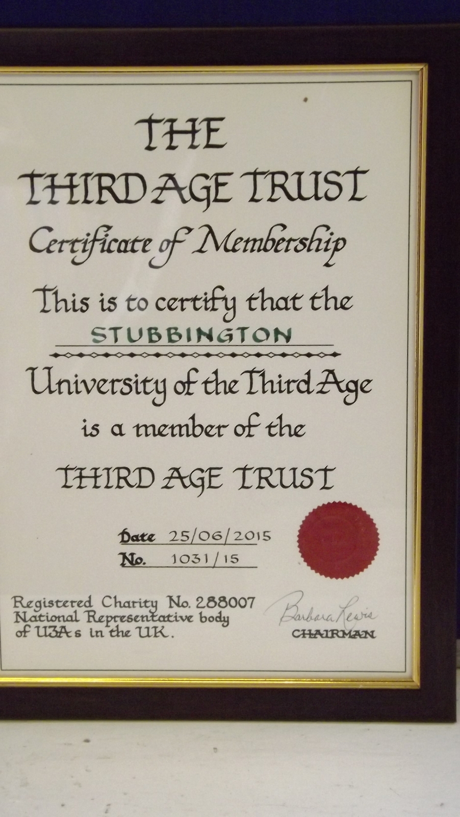 Stubbington u3a Membership Certificate